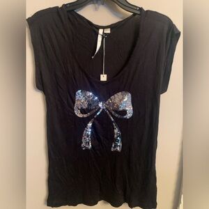 Lauren Conrad Small Black Top with Sequin Silver Metallic Bow, NWT, P2P 17